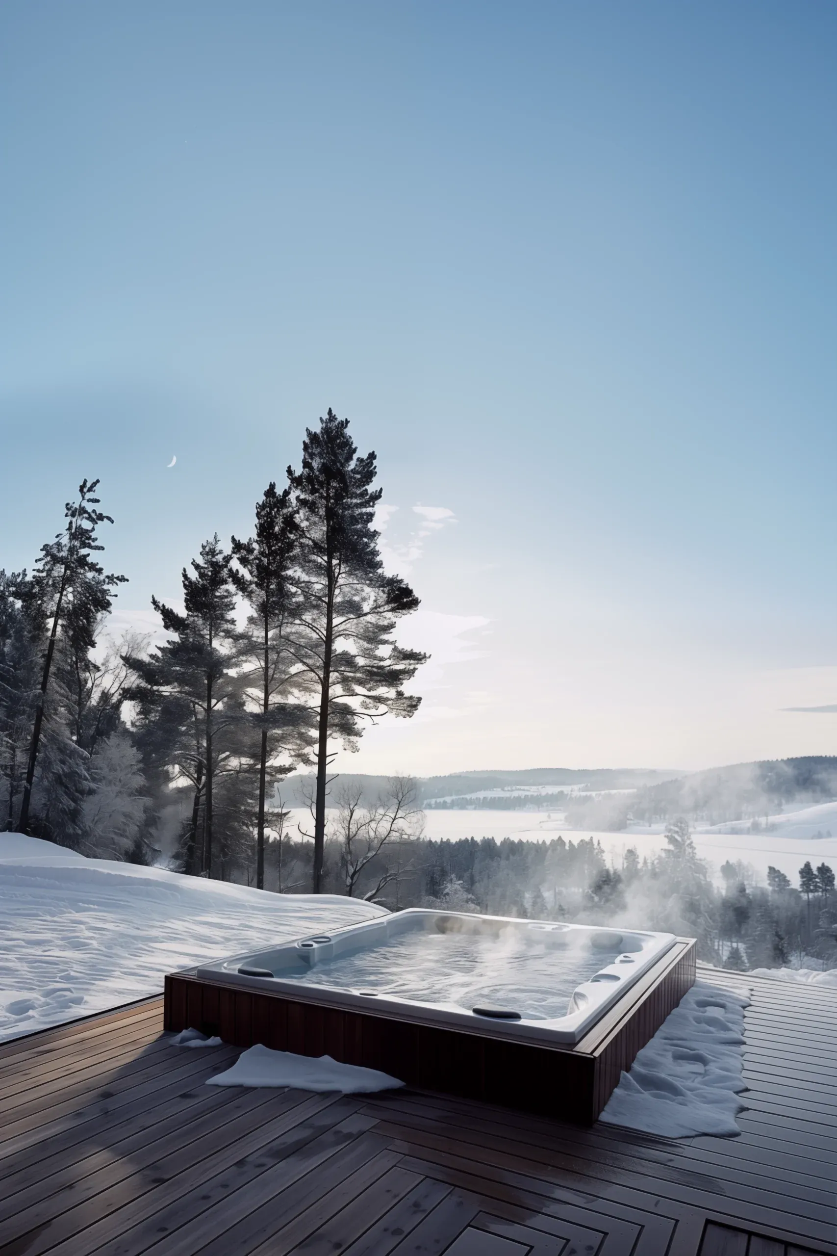Jacuzzi ogrodowe na drewnianym tarasie w zimowej scenerii